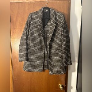 Old Navy blazer for work. Plaid with black, tan, and brown. Vintage wool style